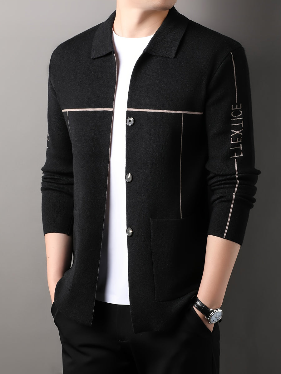Xingfan Autumn/Winter Men's Line Embroidery Cardigan Long Sleeve Casual Lapel Knitted Outerwear - Black