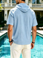 Summer Solid Color Hooded Short Sleeve T-Shirt, Men'S Loose All-Match Athletic Top - Sky Blue