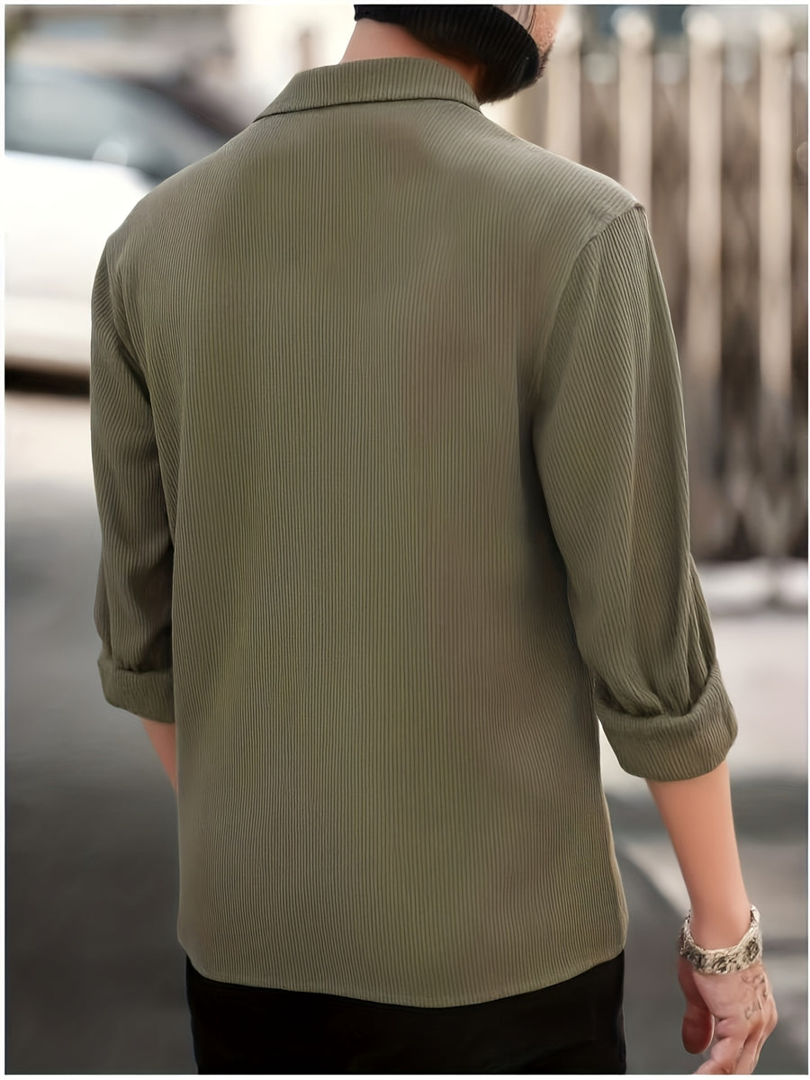 Spring And Autumn Men'S Corduroy Shirt (Jacket) Long Sleeve Lapel Double Pocket Regular Casual Retro Cool Top (Multi-Color) - Olive