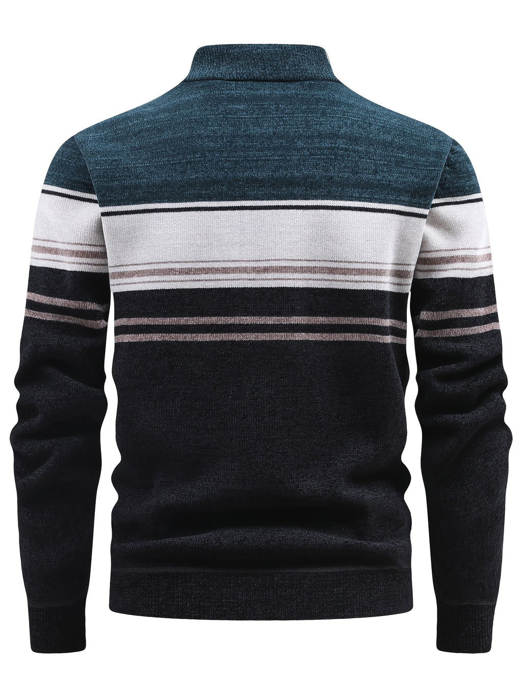 Autumn And Winter Men'S Half-Zip Stand-Up Collar Sweater, Fleece-Lined And Thickened, Letter Pattern, Contrasting Color Stripes, Business Casual Knit Pullover Shirt, Men'S Warm Top, Suitable for Daily Commuting And Outdoor Activities - Dark Cyan