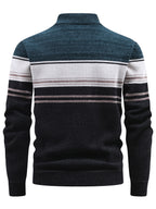 Autumn And Winter Men'S Half-Zip Stand-Up Collar Sweater, Fleece-Lined And Thickened, Letter Pattern, Contrasting Color Stripes, Business Casual Knit Pullover Shirt, Men'S Warm Top, Suitable for Daily Commuting And Outdoor Activities - Dark Cyan
