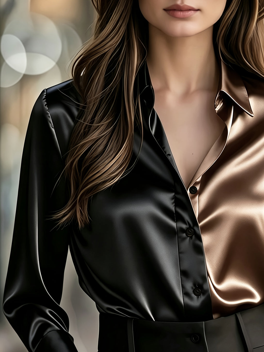 Elegant Women'S Shirt | Color Block, Polo Collar, Long Sleeve, Single Breasted, All-season, Fashionable and Versatile for Work and Casual Wear - Coffee Brown