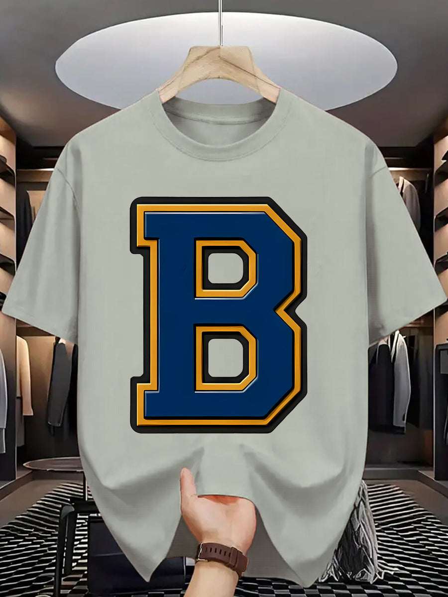 Men'S Summer Casual T-Shirt with Bold "B" Letter Print - Lightweight Polyester, Round Neck, Short Sleeve, Regular Fit, Perfect for Casual Attire, Everyday Tshirt | Trendy Casualwear | Durable Fabric - Light Grey
