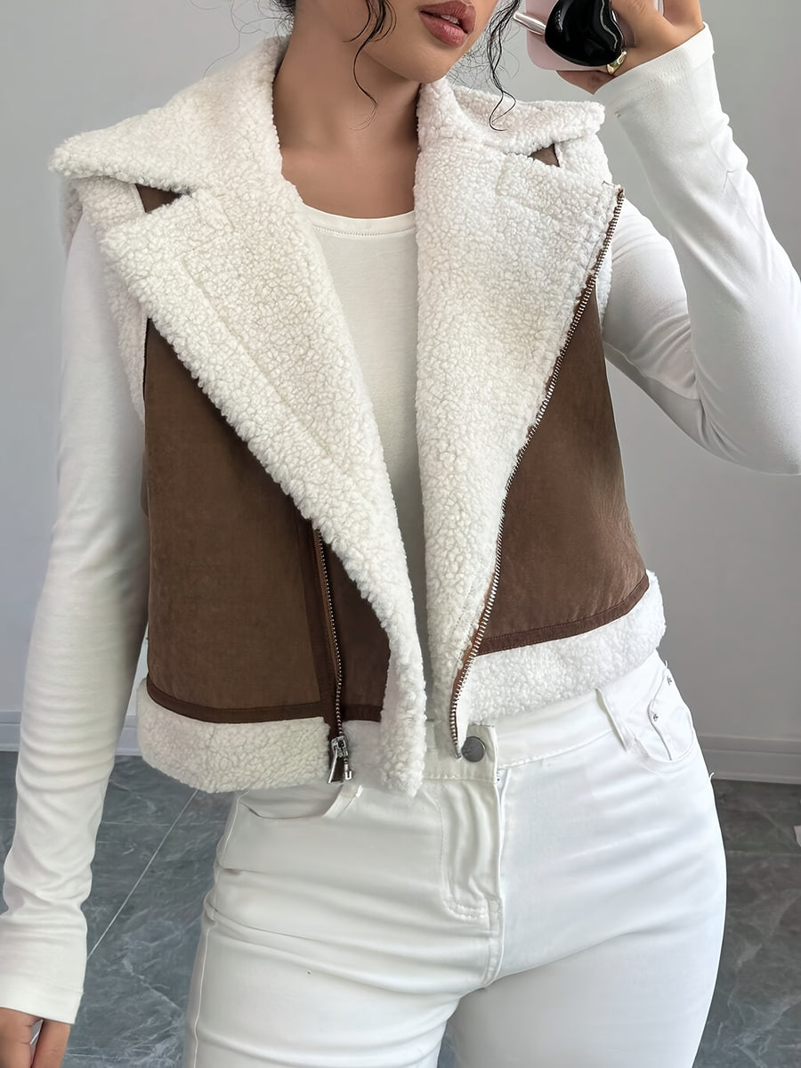 Women's Short Faux Lamb Sleeveless Vest Coat - Dark Brown