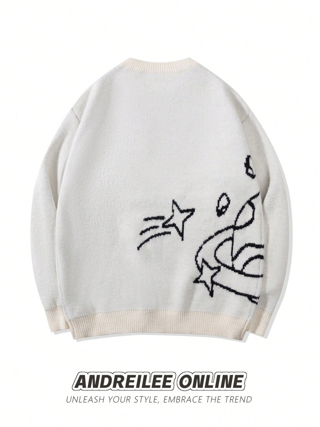 ANDREILEE Men's & Unisex Oversized Sweater - White Star Jacquard Sweater with Crew Neck, Loose-Fit Pullover, Long Sleeve Winter Sweater Suitable for Casual Wear, Office, Layering, Hand Washable Warmth - White