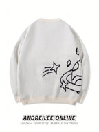 ANDREILEE Men's & Unisex Oversized Sweater - White Star Jacquard Sweater with Crew Neck, Loose-Fit Pullover, Long Sleeve Winter Sweater Suitable for Casual Wear, Office, Layering, Hand Washable Warmth - White