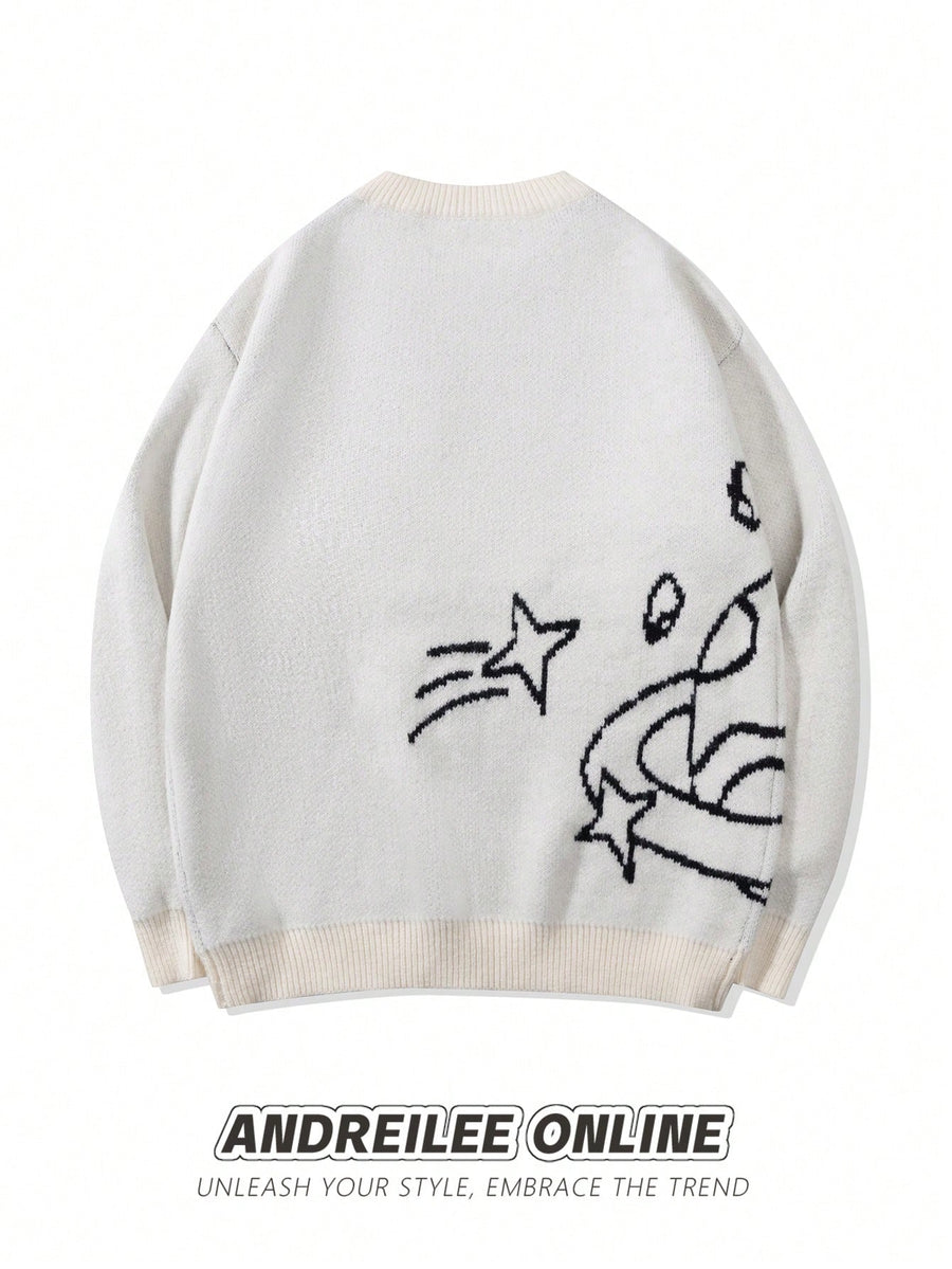 ANDREILEE Men's & Unisex Oversized Sweater - White Star Jacquard Sweater with Crew Neck, Loose-Fit Pullover, Long Sleeve Winter Sweater Suitable for Casual Wear, Office, Layering, Hand Washable Warmth - White