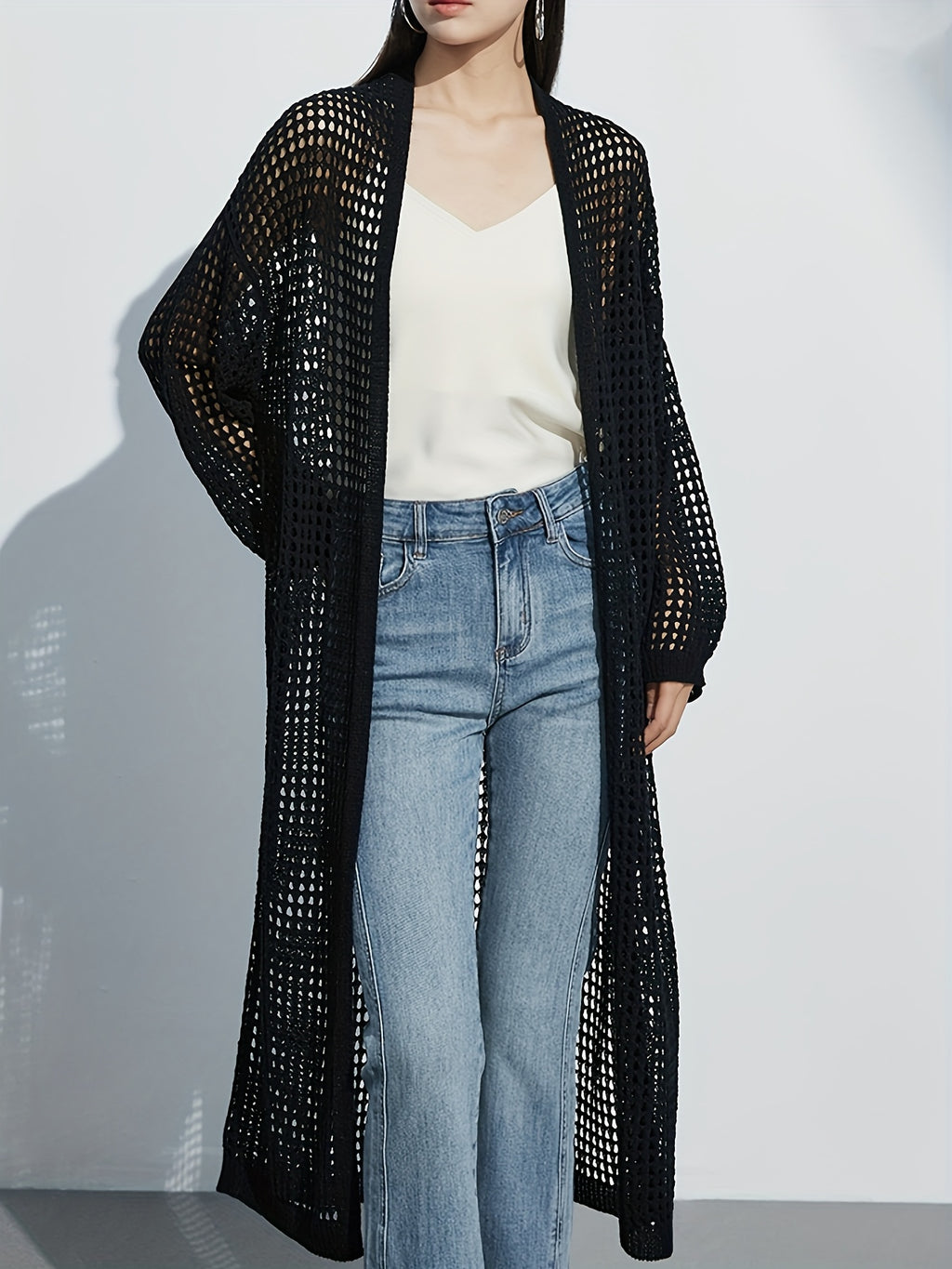 2026 Spring/Summer New Arrival Hollow-Out Long Cardigan Top for Women - Black