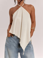 Women's Casual Vacation Backless Asymmetric Hem Solid Color Satin Camisole, Suitable for Beach Vacations, Beach Leisure, Casual Getaways, and Other Occasions, an Elegant Camisole. - Apricot