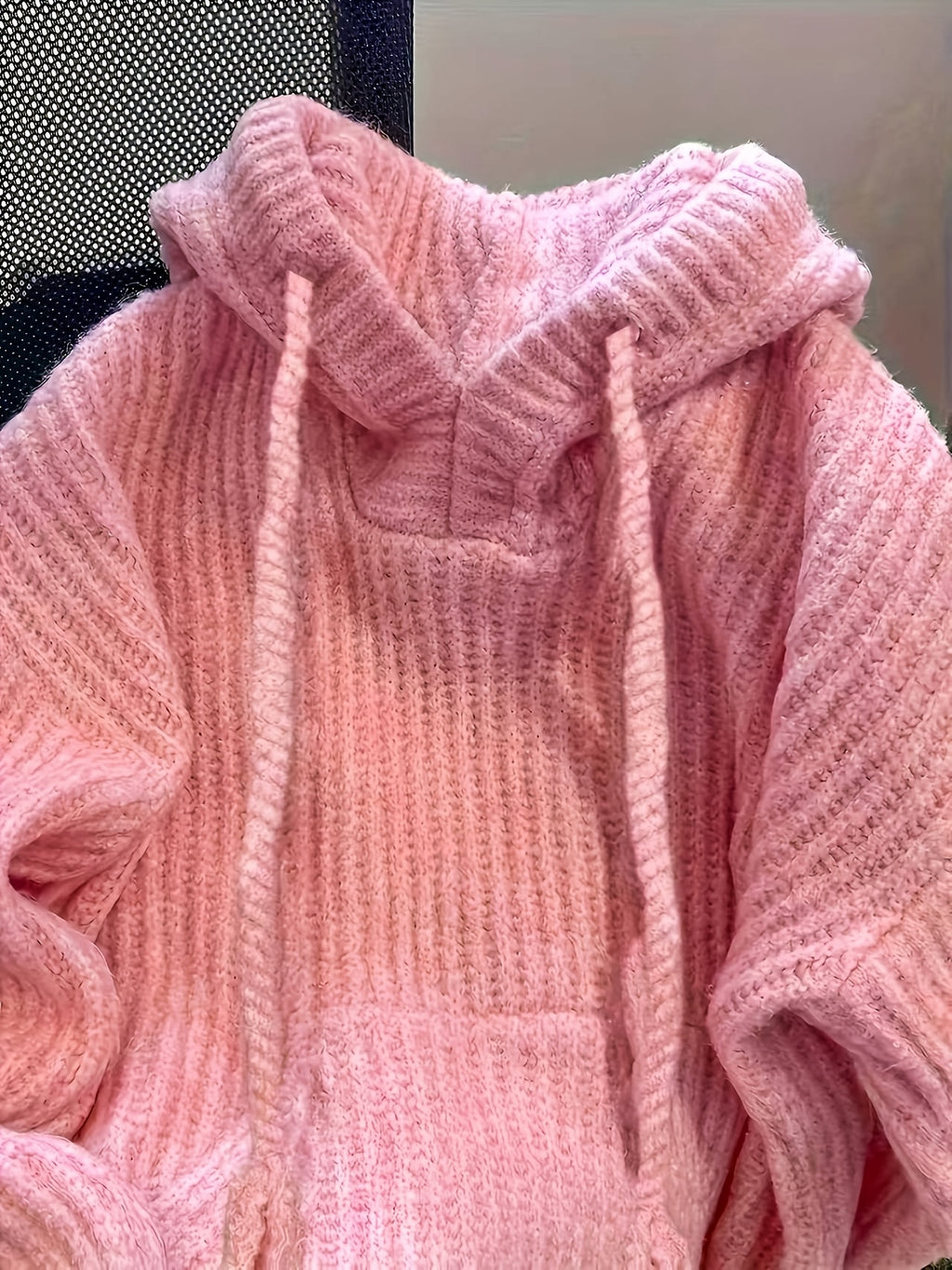 Hooded Chunky Cable- Sweater with Coarse Ribbed Texture, Tassels, Drawstring, Vertical Ribbed Detailing, and a Relaxed Fit. This Long-sleeve Pullover Features a Simple, Casual Design for a Laid-back and Effortless Look - Pink Color