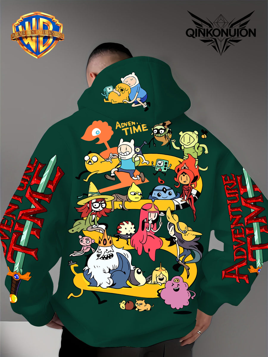 Warner Official Men's Hoodie, Adventure Treasure Full Character Gathering Adventure Print Design, Machine Washable, Warm and Casual for Autumn and Winter, Daily Drawstring Hoodie, Multifunctional Sports and Casual Loose Fit - Green