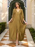 EDOLYNSA Elegant Golden Satin Kaftan Robe - V-Neck Button Front, Batwing Three-Quarter Sleeves & Beaded Detailing, Loose Fit Long Length Turkish Kaftan for Women, Spring Summer Fall Traditional Middle Eastern Attire, Seasonal Fashion Wear, Satin Fabric - Golden