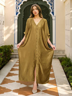 EDOLYNSA Elegant Golden Satin Kaftan Robe - V-Neck Button Front, Batwing Three-Quarter Sleeves & Beaded Detailing, Loose Fit Long Length Turkish Kaftan for Women, Spring Summer Fall Traditional Middle Eastern Attire, Seasonal Fashion Wear, Satin Fabric - Golden
