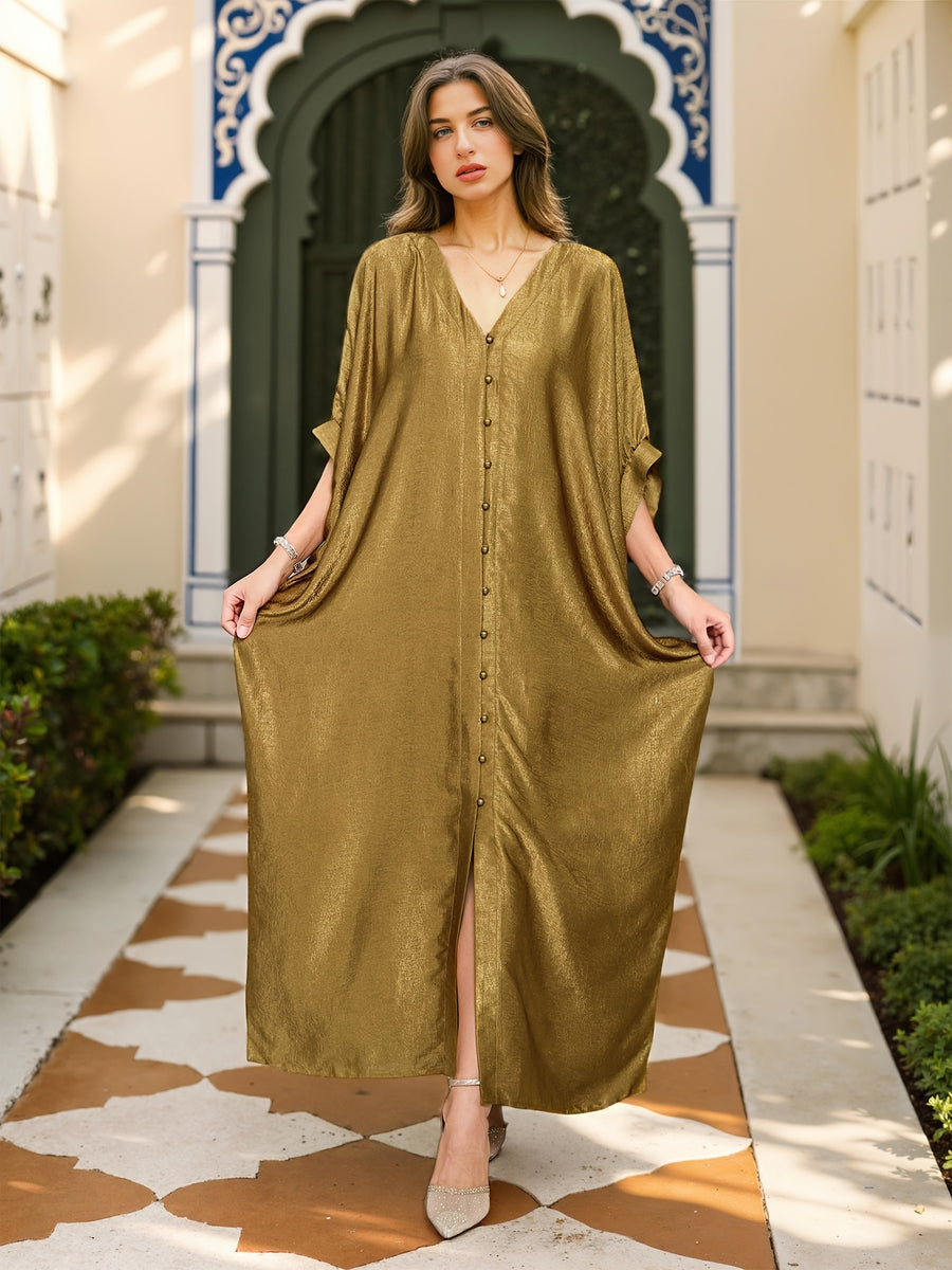 EDOLYNSA Elegant Golden Satin Kaftan Robe - V-Neck Button Front, Batwing Three-Quarter Sleeves & Beaded Detailing, Loose Fit Long Length Turkish Kaftan for Women, Spring Summer Fall Traditional Middle Eastern Attire, Seasonal Fashion Wear, Satin Fabric - Golden