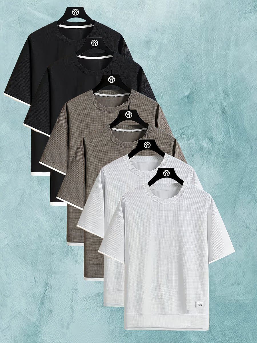 6pcs Men's Lightweight Waffle Knit Short Sleeved Round Neck T-shirt - Casual Summer Top with Contrasting Cuffs and Hem, Polyester Fiber, Suitable for Fitness and Casual Wear - Style5