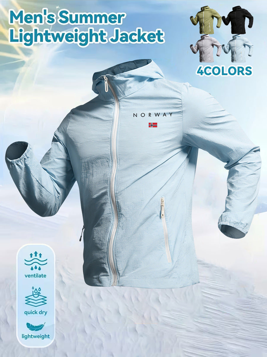 Men's Weiguo Flag Print Lightweight Summer Skin Undershirt, Breathable Lightweight Hooded Jacket, Available in Four Colors, Suitable for Hiking, Running, Traveling, Fishing, Cycling, and Other Scenarios - Light Blue