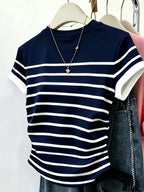 Women'S Summer Thin Korean Contrast Striped Short Sleeve Round Neck Heart Print T-Shirt - Blue Stripes