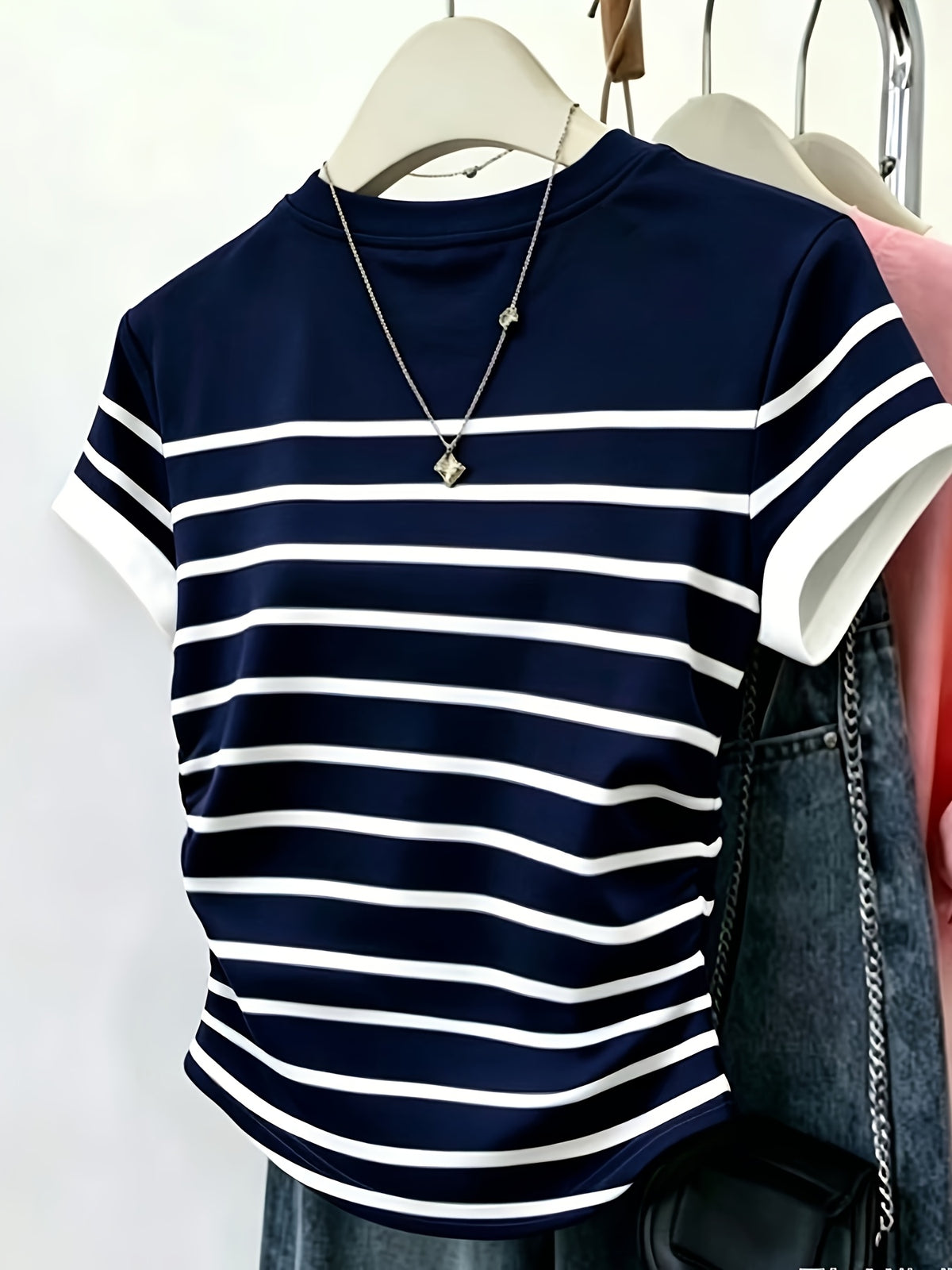 Women'S Summer Thin Korean Contrast Striped Short Sleeve Round Neck Heart Print T-Shirt - Blue Stripes