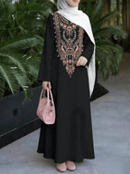 Women'S Hot Middle Eastern Style Muslim Elegant Robe, Black Base Retro Ethnic Print Long Dress, Easy Straight Long Sleeve Cut, for Prayer, Banquet, And Outings, Quality Flowing Non-Embroidered Craft - Mixed colors