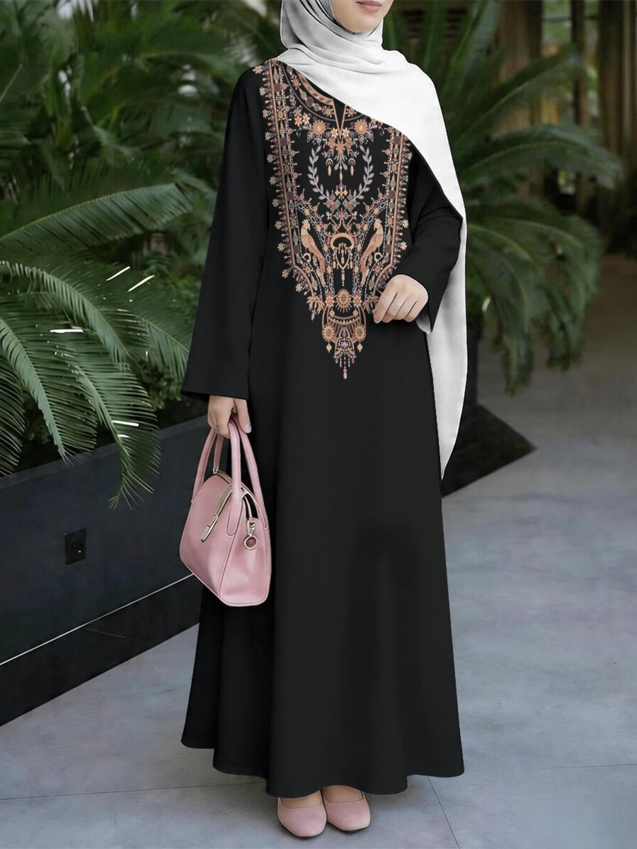 Women'S Hot Middle Eastern Style Muslim Elegant Robe, Black Base Retro Ethnic Print Long Dress, Easy Straight Long Sleeve Cut, for Prayer, Banquet, And Outings, Quality Flowing Non-Embroidered Craft - Mixed colors