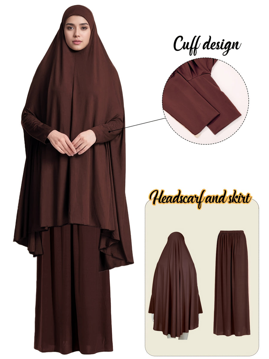 2pcs Women'S Solid Color Robe And Skirt Set, a Conservative And Elegant Outfit for Everyday Wear, Featuring Sleeves Inspired by Middle Eastern Traditional Culture, Abayas - Dark Brown