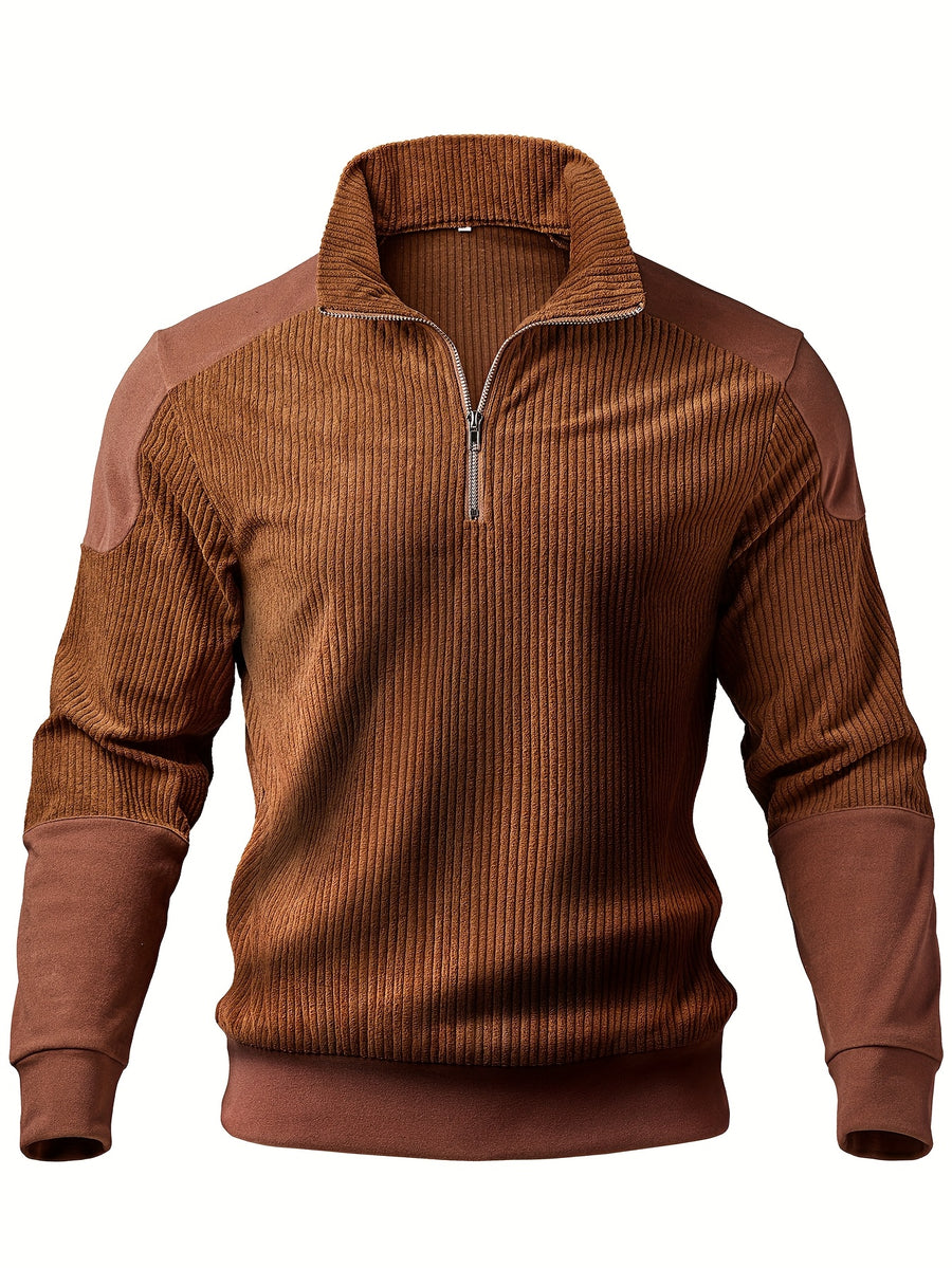Men'S Casual Corduroy Quarter-Zip Pullover, Solid Color Long-Sleeve Sweater with Ribbed Collar, Durable Versatile Top for Daily Commute & Outdoors, Sporty, Regular Fit, Turtleneck, Long Sleeve, Zipper - Coffee Color