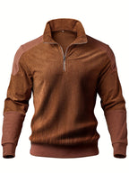 Men'S Casual Corduroy Quarter-Zip Pullover, Solid Color Long-Sleeve Sweater with Ribbed Collar, Durable Versatile Top for Daily Commute & Outdoors, Sporty, Regular Fit, Turtleneck, Long Sleeve, Zipper - Coffee Color