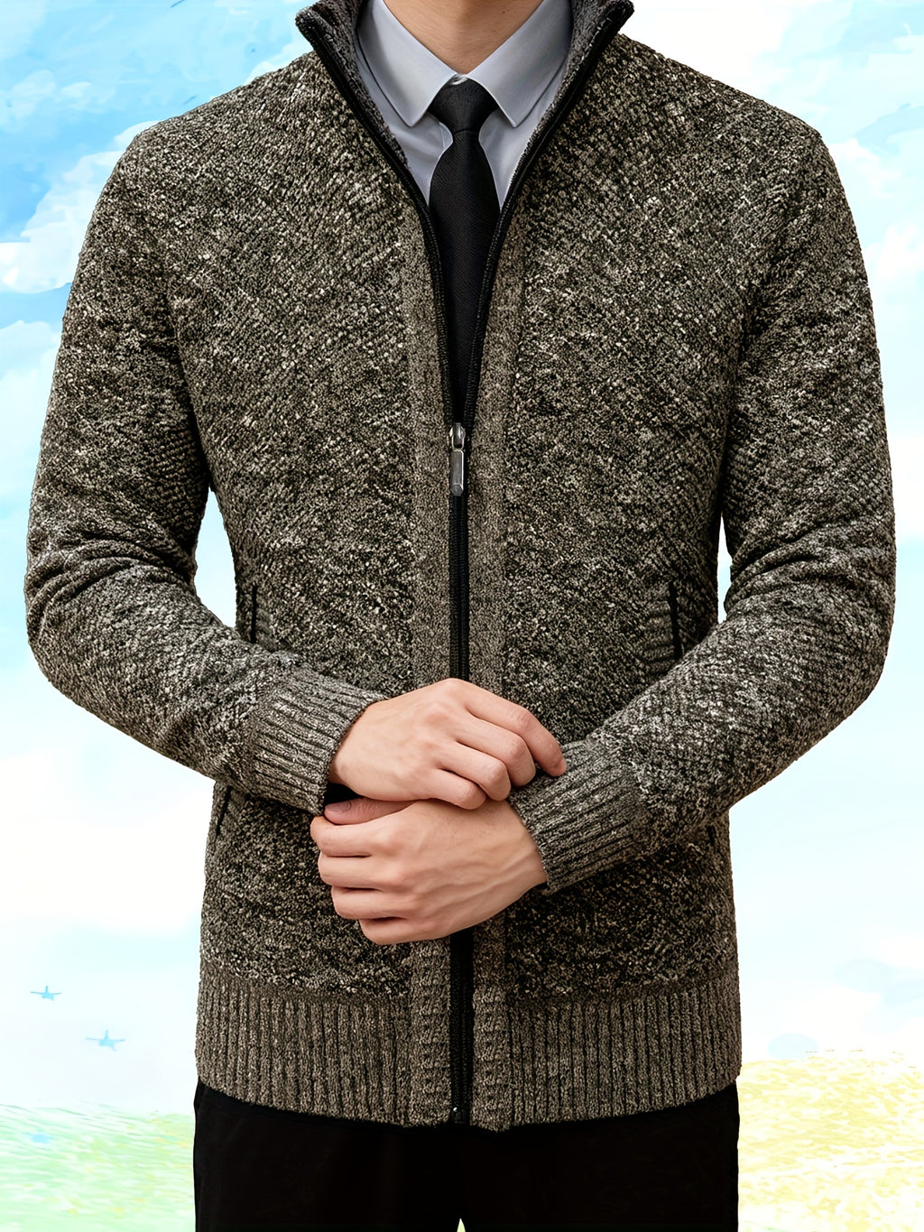 Autumn and Winter Casual Sweater Cardigan Jacket for Men, Thick Zipper Jacket with a Slightly Loose Three-dimensional Cut, Hiding Flesh and Slimming Without Dragging, Easily Creating a Fashionable Business Image (only Includes 1 Jacket) - Coffee Color