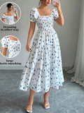 Elegant Square Neck Cinched Waist Floral Print Women's Midi Dress - Multicolor