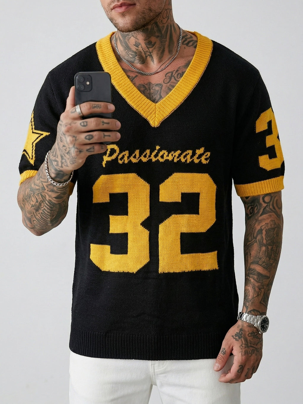 Vintage Uniform Knit Sweater "Passionate81.28cm - Unisex College Style Sweater, Black and Yellow V-Neck Loose Fit Athletic Top - Black