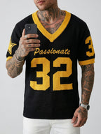 Vintage Uniform Knit Sweater "Passionate81.28cm - Unisex College Style Sweater, Black and Yellow V-Neck Loose Fit Athletic Top - Black