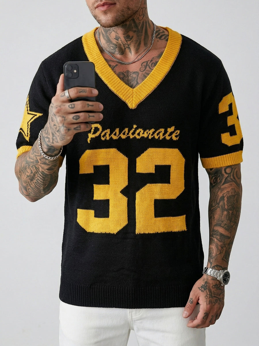 Vintage Uniform Knit Sweater "Passionate81.28cm - Unisex College Style Sweater, Black and Yellow V-Neck Loose Fit Athletic Top - Black