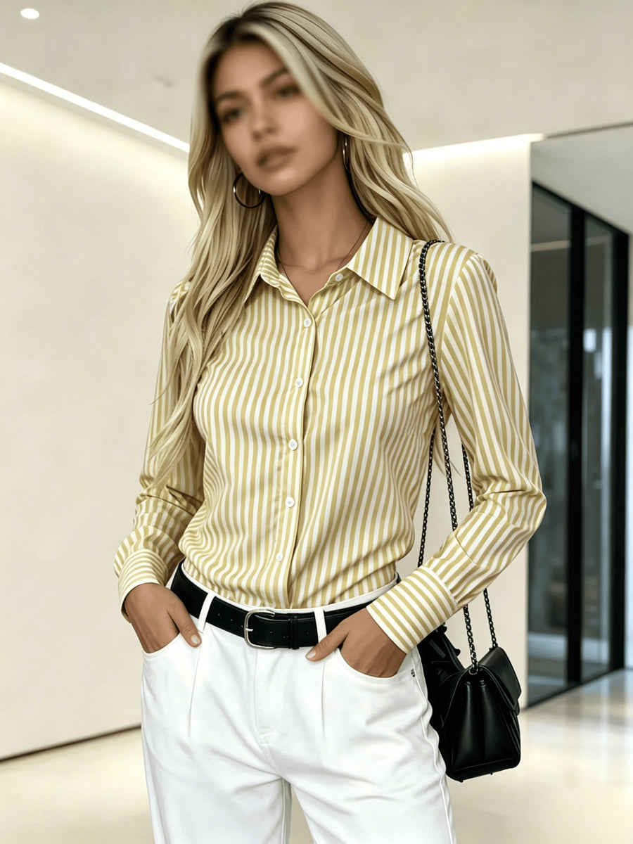 Women's Yellow Striped Button- Shirt Lapel Collar Button-Front Suitable for Casual Office Wear, Machine Washable Smooth Non-Stretch Fabric Year-Round Professional Attire for - Button-Up Shirt - Yellow