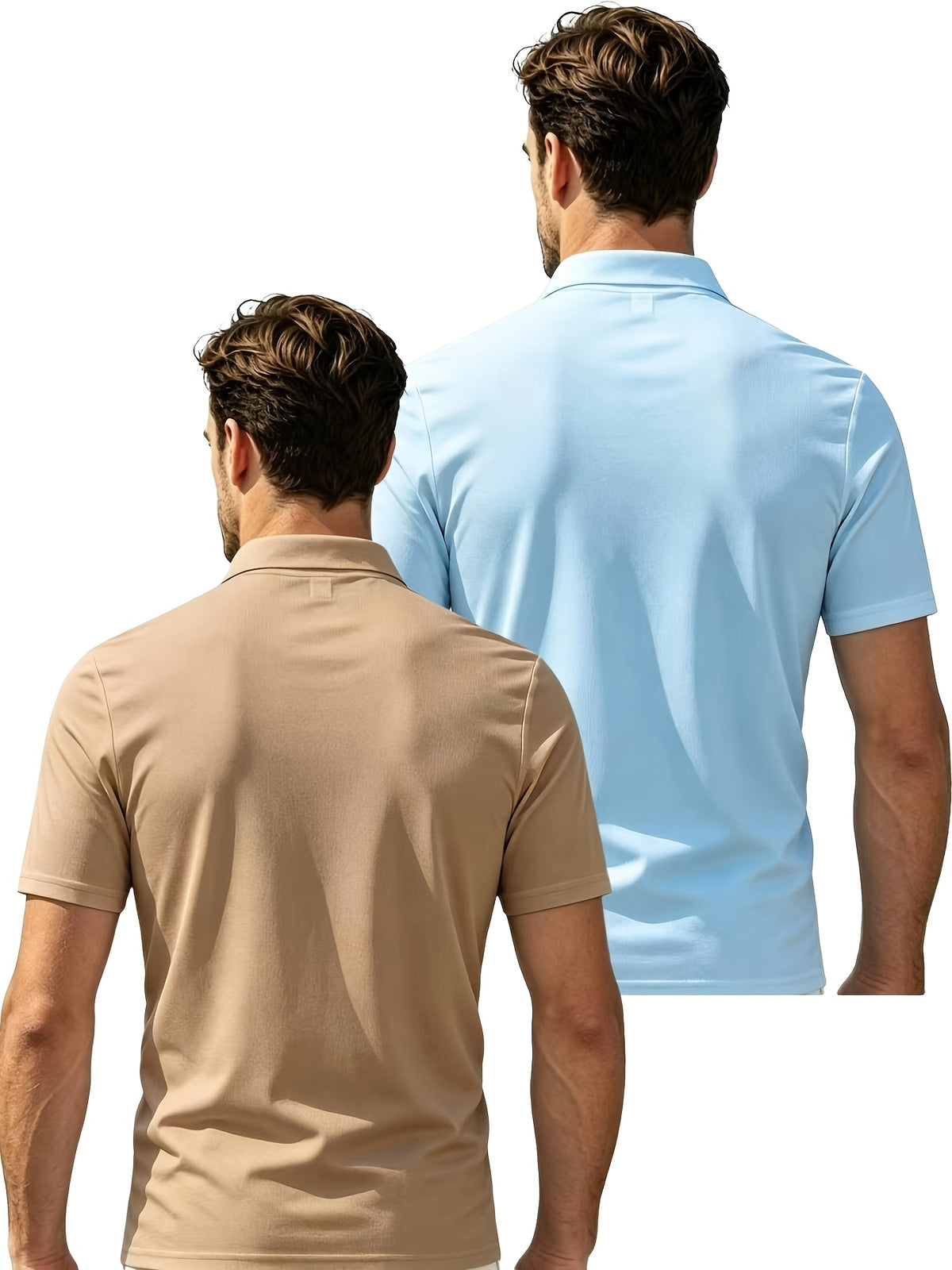 2pcs Men'S Short Sleeve Casual Athletic Polo Shirt Set, Zipper Collar, Comfortable And Breathable, Original Design - Khaki with light blue