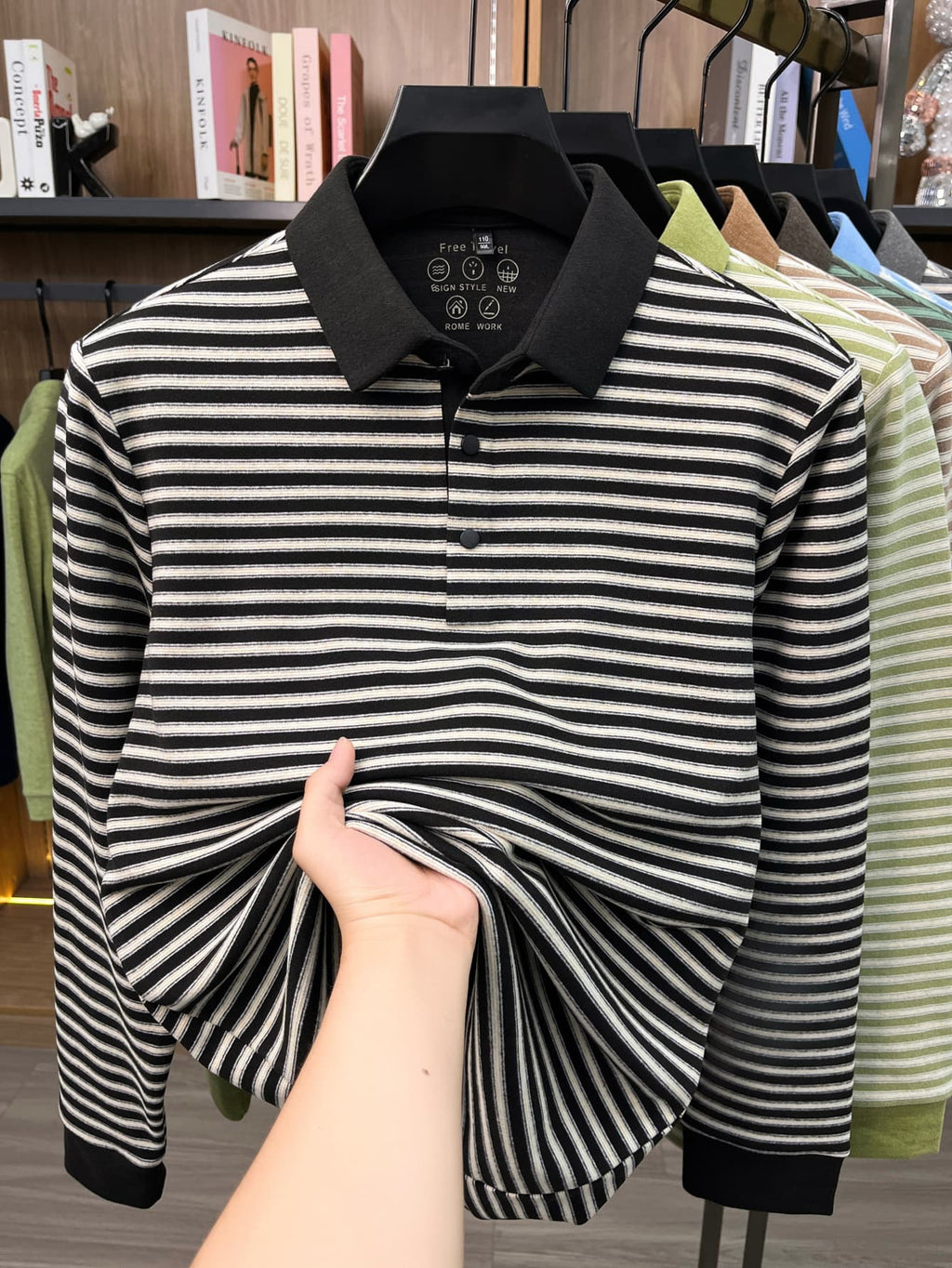 Men's Thin Striped Lapel Long Sleeve Polo Top, Wrinkle Free Loose Casual Long Sleeve T-Shirt, Business Basic Apparel for Middle-aged Dads, Spring Autumn Clothes for Golf, Fishing, Tennis Daily Wear - Black