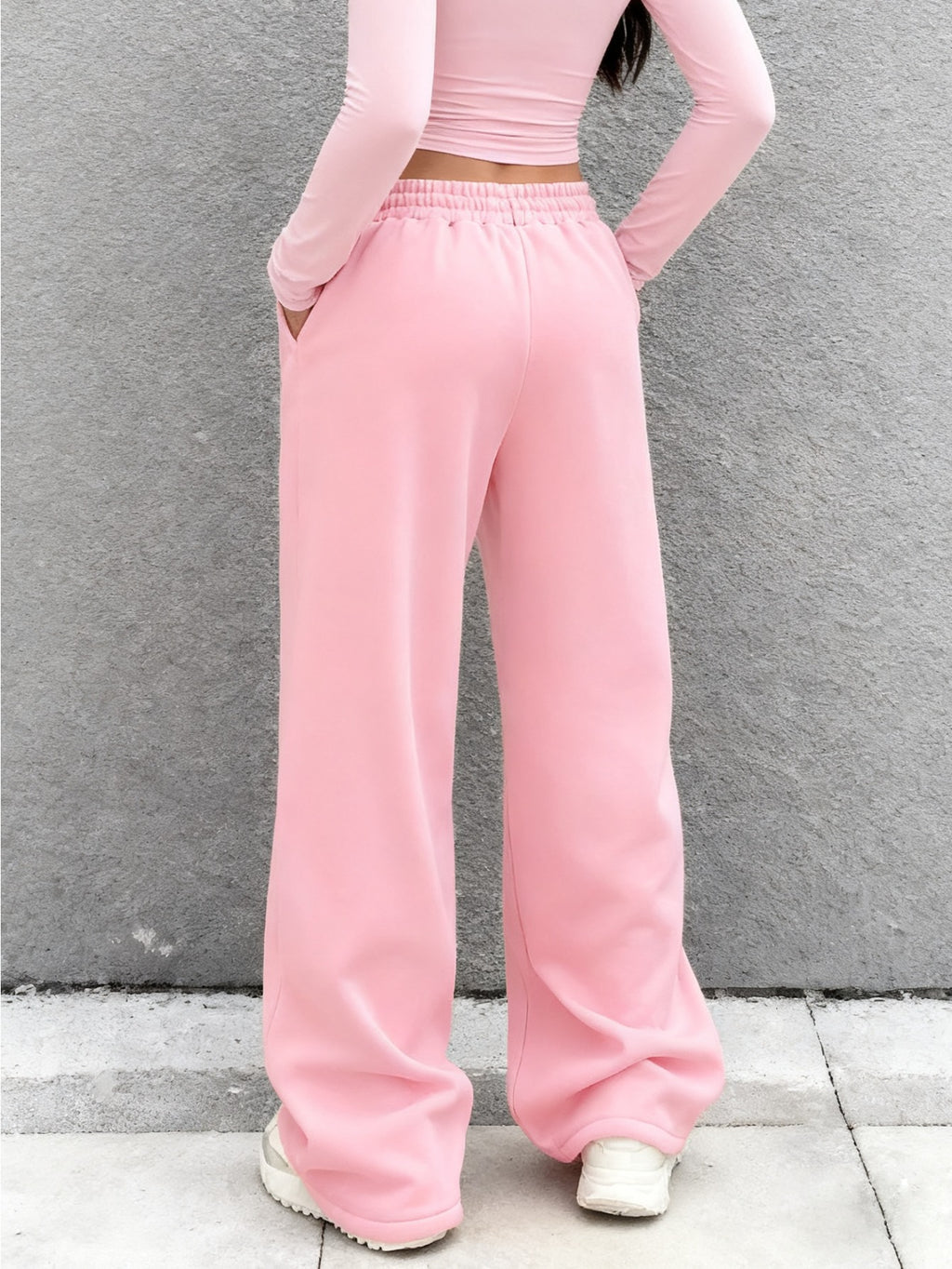 Women's Solid Color Wide-Leg Pants - Elastic Waist & Drawstring Pocket Sweatpants, Loose-Fit Full-Length Trousers for Casual Casual Attire, Lounge, Office & All-Season Comfortable (No  Needed) - Machine Washable Solid Coloration - Pink Color
