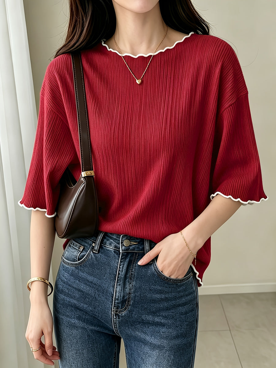 Women's French Ruffle Top - Spring Summer Stretchy High-Elasticity Ruffle Trim Shirt, Solid Color Non-Sheer Machine Washable Suitable for Daily Commute, Office & Casual Wear, French Style Wardrobe Essential - Burgundy