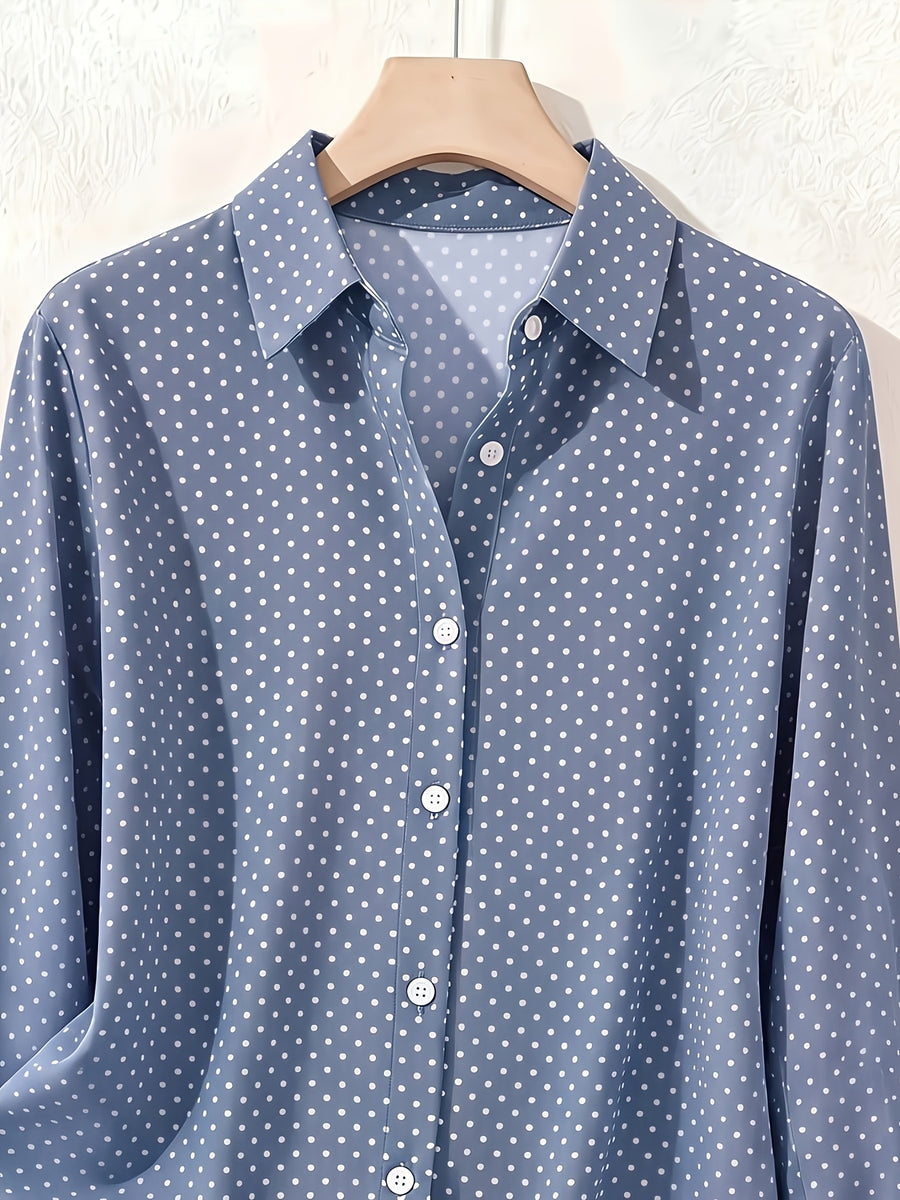 Elegant Fashion Single-Button Women'S Spring Autumn Long Sleeve Polka Dot Shirt - Blue