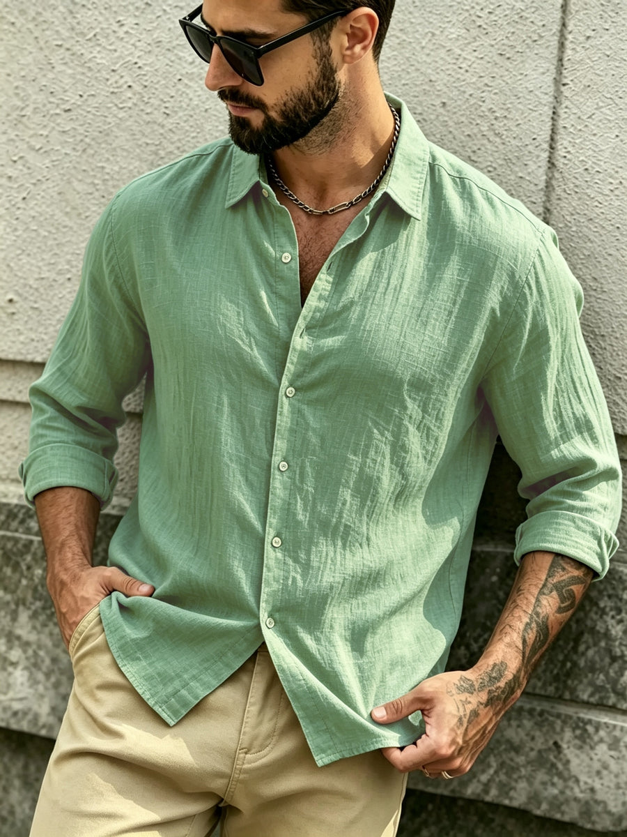 The Preferred Gift for Back to School Season Is Men's Casual Shirts. Spring and Autumn Long Sleeved Shirts Are Trendy, Loose, Solid Color, Breathable and Versatile Tops, Making Them the Perfect Holiday Gift - Green