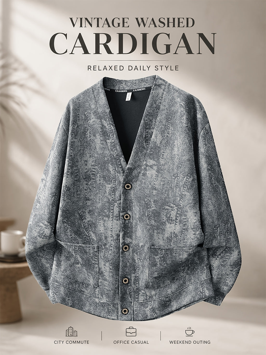 Men'S Vintage Distressed V-Neck Cardigan, Relaxed Retro Texture, Single-Button Closure for Easy Dressing, Double-Lined Pockets for Utility And Style, Perfect for Spring/Autumn Layering, Suitable for Commute, Casual Business, And Weekend Wear - Picture Color 2
