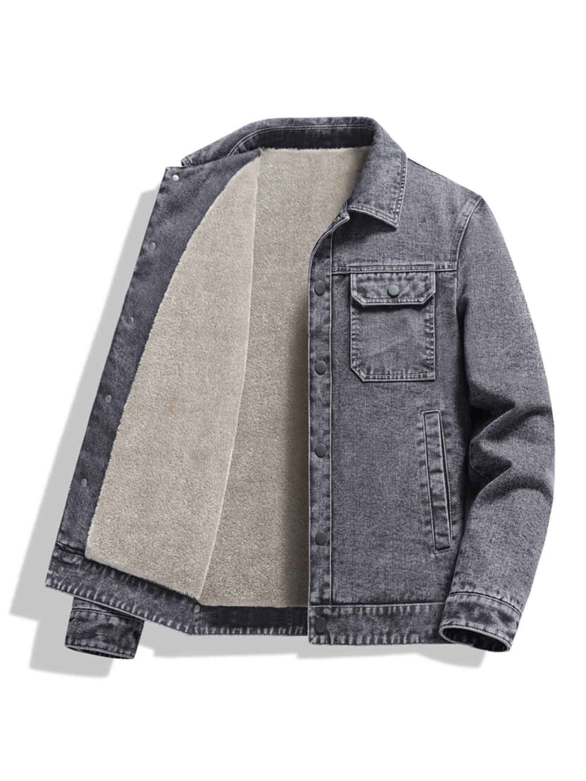 High-Quality Fashion Lapel Fleece-Lined Denim Jacket, Single-Breasted Simple Solid Color Men's Jacket with Large Pockets, Stylish Winter Thickened Men's Coat - Grey
