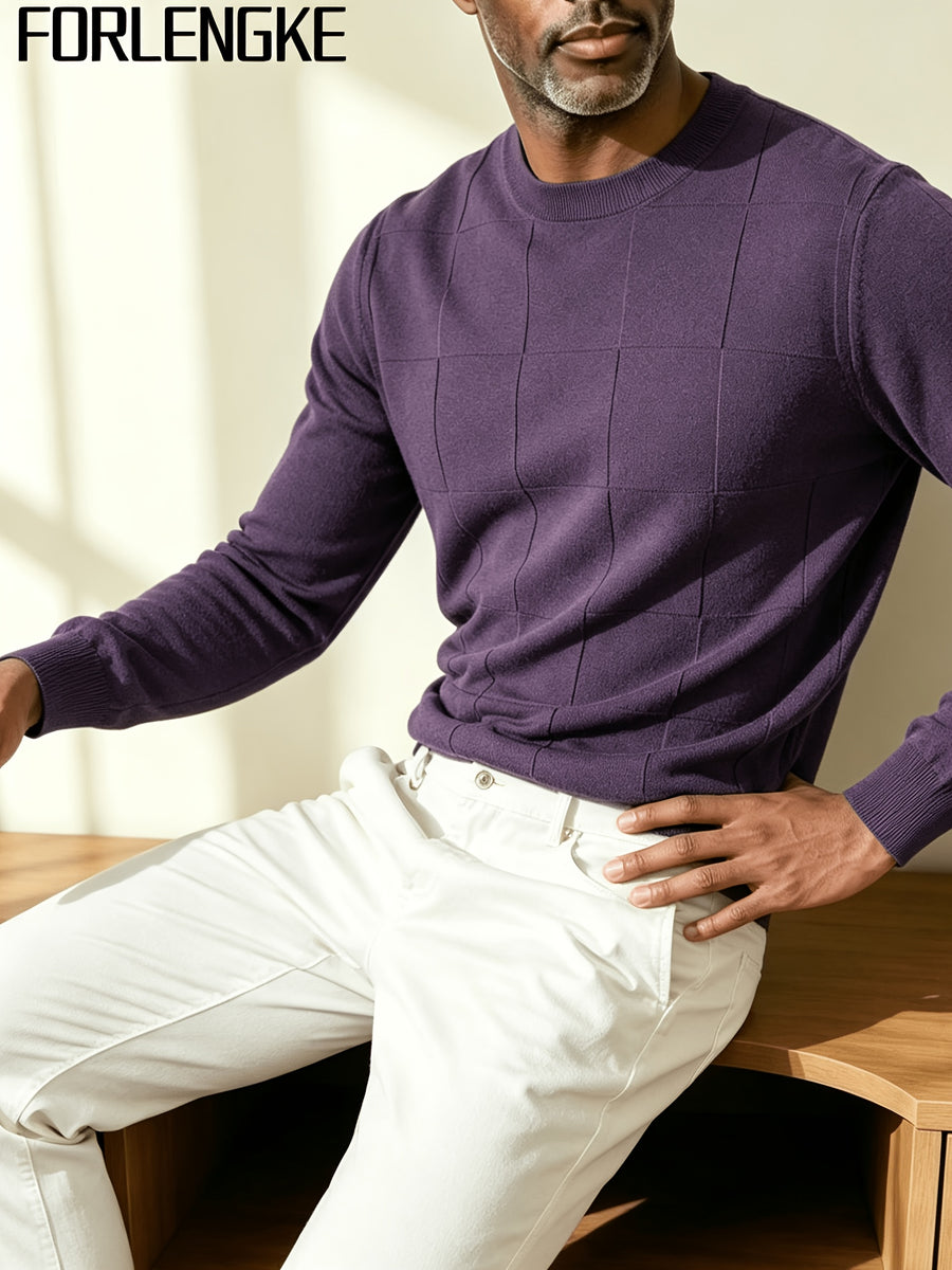 FORLENGKE Men's Business Casual Grid Textured Sweater - Soft Warm Stretch Knit Crew Neck Pullover, Suitable for Fall Winter Office Wear, Long Sleeve Blazer or Sweater Vest Compatible for Daily Professional Attire - Purple Gray