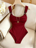 1pc Elegant Burgundy Square Neck Cami Bodysuit with Metal Buckle, Pleated Stretchy Slim-Fit Base Layer Top for Women, Summer Office Party, High-End Style - Burgundy