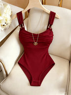 1pc Elegant Burgundy Square Neck Cami Bodysuit with Metal Buckle, Pleated Stretchy Slim-Fit Base Layer Top for Women, Summer Office Party, High-End Style - Burgundy