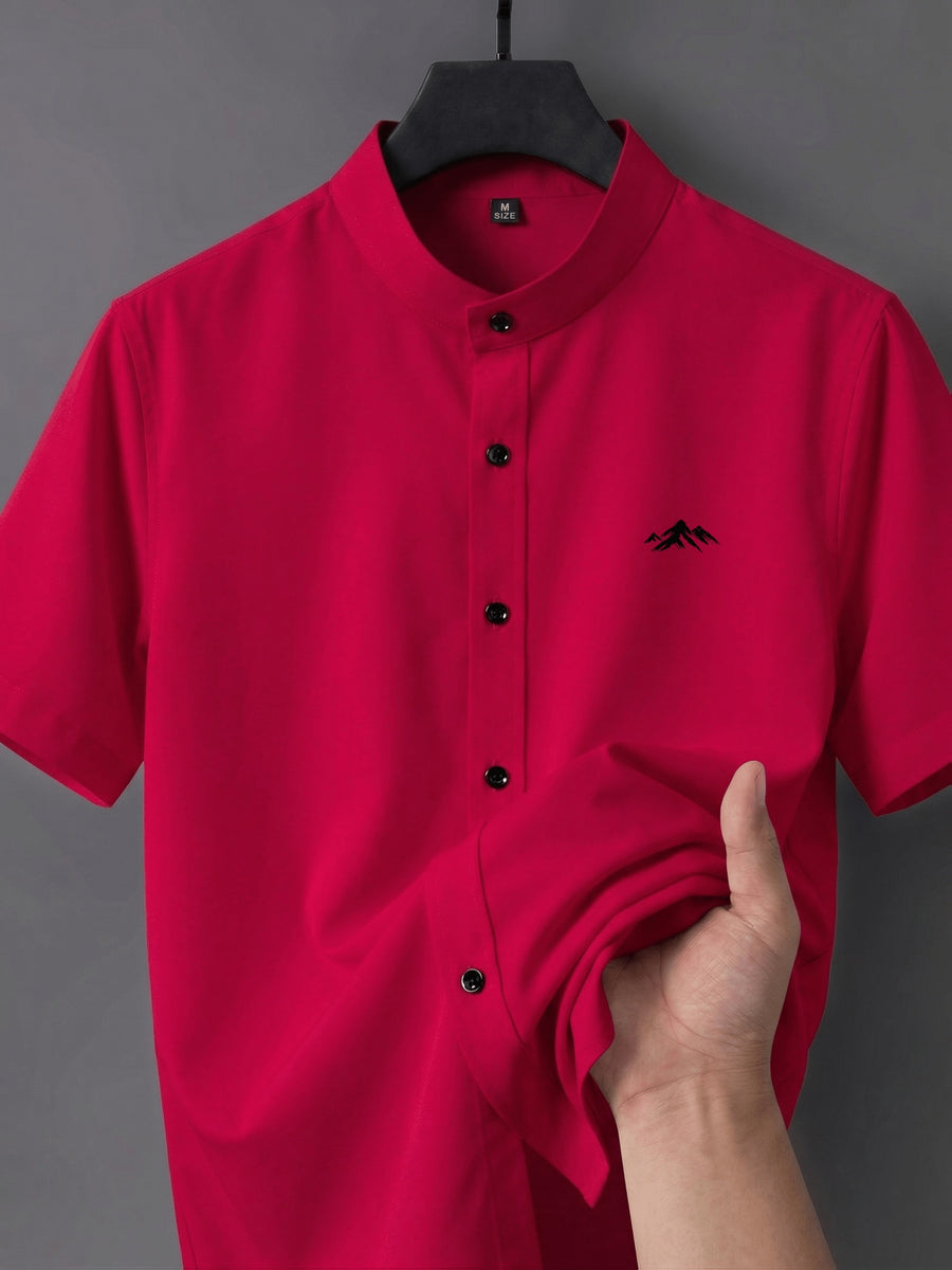 Men's Short-sleeve Shirt with Stand-up Collar/Henley Collar Design, Featuring Exquisite Peak-shaped Embroidery on the Chest - Red