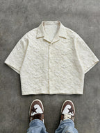 Men'S Fashion New Three-Dimensional Floral Jacquard Fabric Shirt, Full Texture with Rich Layers, Breathable And Light, Not Stuffy. Classic Cuban Collar Design, Summer Lazy And Casual Yet Refined, Daily Commute - Apricot