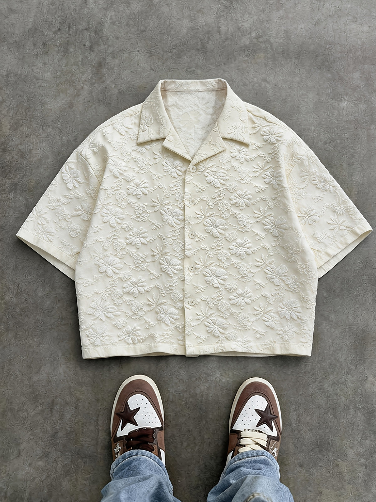 Men'S Fashion New Three-Dimensional Floral Jacquard Fabric Shirt, Full Texture with Rich Layers, Breathable And Light, Not Stuffy. Classic Cuban Collar Design, Summer Lazy And Casual Yet Refined, Daily Commute - Apricot