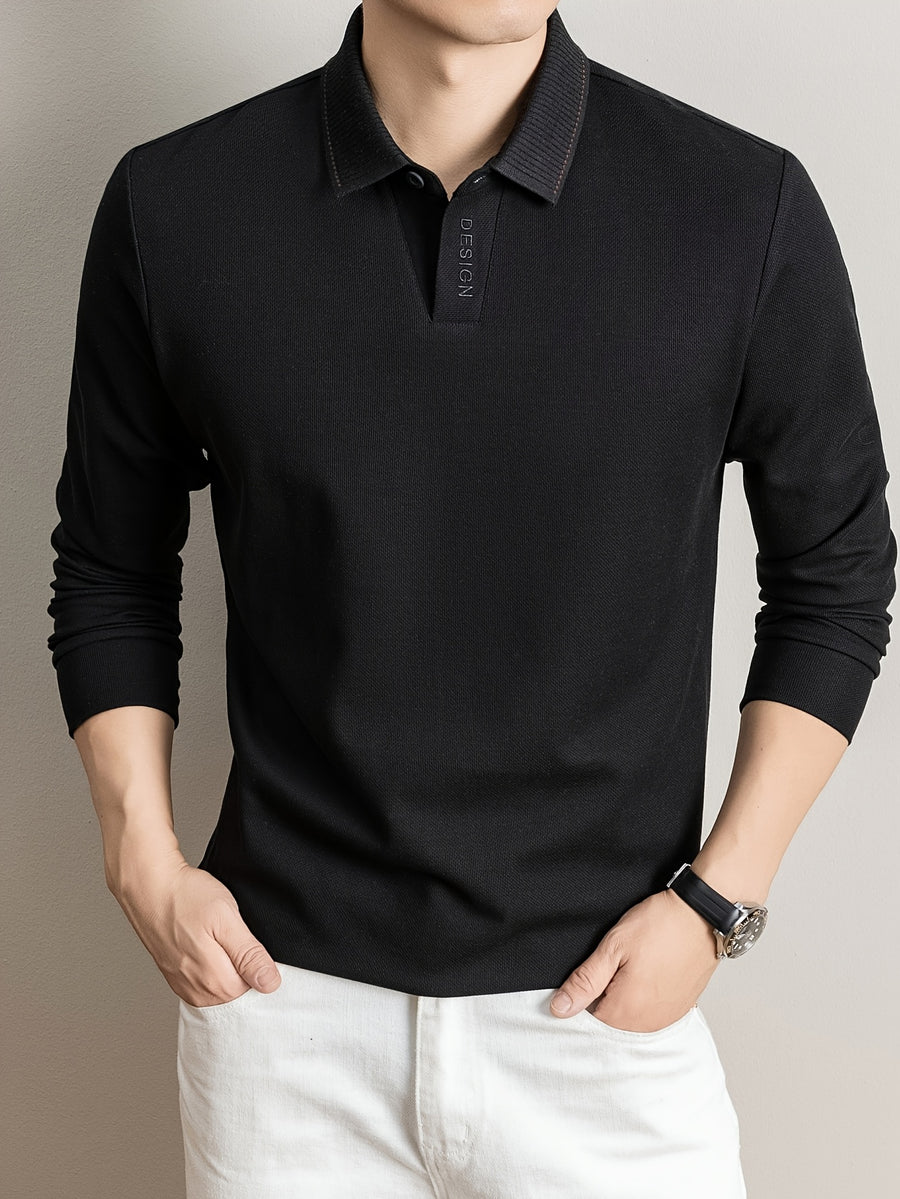 New Autumn 2026 Men's Long-Sleeve Solid Color Seagull Collar Lapel Casual Polo T-Shirt - Black
