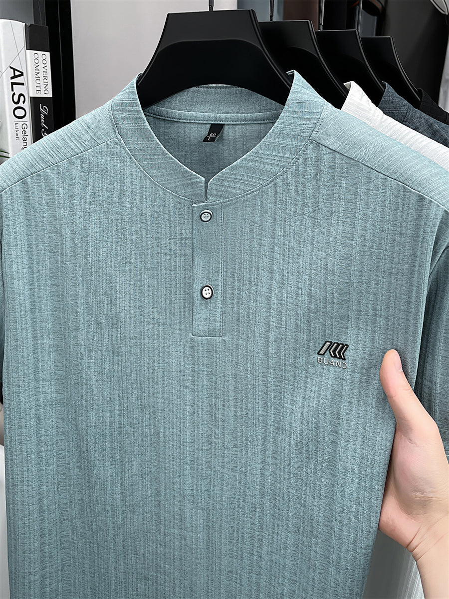 [Pearson Obm]Summer New Small Stand Collar Ice Fiber Fabric Quick-Drying Short-Sleeved T-Shirt Men'S Young Loose Casual Short-Sleeved Top Men'S Clothing Lao Zhou - Light Blue