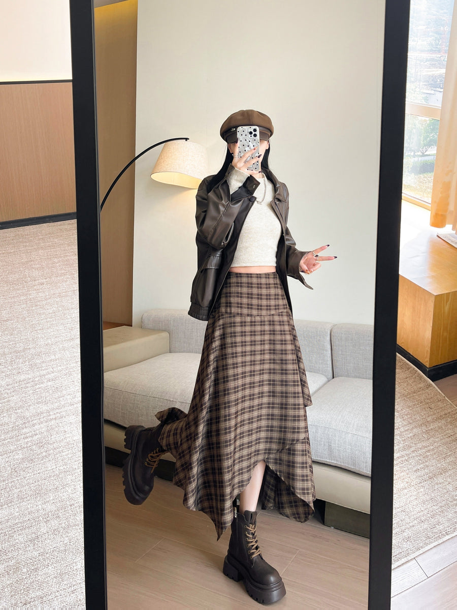 1pc, New Elegant, Irregular Plaid Midi Skirt, Suitable for Spring, Autumn And Summer, High Waist, Zipper Style A-Line Skirt - Coffee Brown